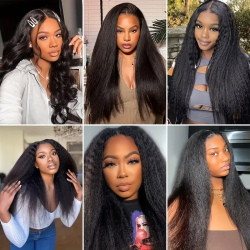 Kinky Straight V Part Wig 250% Density Glueless Human Hair Wig for Women Natural Black Color No Leave Out Yaki Straight Hair Wig