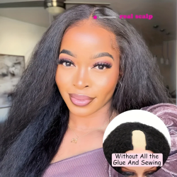Kinky Straight V Part Wig 250% Density Glueless Human Hair Wig for Women Natural Black Color No Leave Out Yaki Straight Hair Wig
