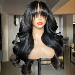Peruvian Remy Human Hair Jet Black #1 Long Body Wave Fringe 13x6 Lace Front Wigs for Black Women Pre Plucked Natural Hairline