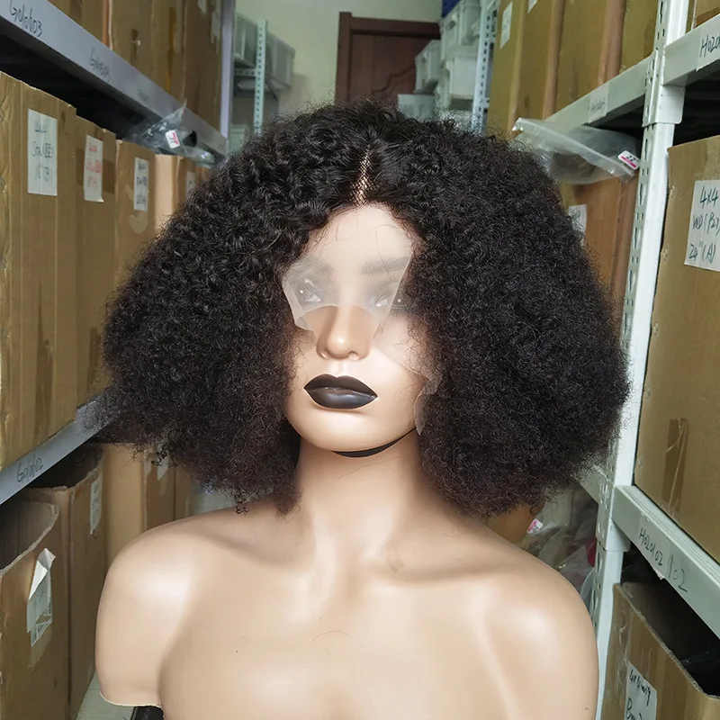 12A double drawn human hair afro kinky curly T part lace wig
