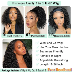 Burmese Curly 3 IN 1 Half Wigs Human Hair Wig Glueless Wig Ready to Wear Half Wig Drawstring Clip Burmese Curly Hair Half Wig