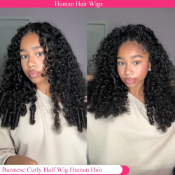 Burmese Curly 3 IN 1 Half Wigs Human Hair Wig Glueless Wig Ready to Wear Half Wig Drawstring Clip Burmese Curly Hair Half Wig