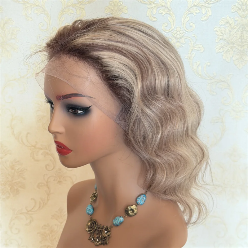 Human Hair Full Lace Wigs for WomenShort Bob Wig Ash Blonde Highlights Pre Plucked Hairline HD Lace Stock Ready to Ship 14inch