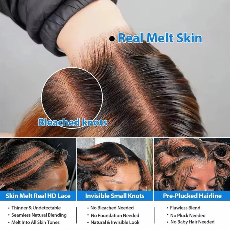 220 Density 30 Inch 1B/30 Black Brown Body Wave Lace Front Human Hair Wigs Colored Highlight 13x6 HD Lace Frontal Wig Human Hair