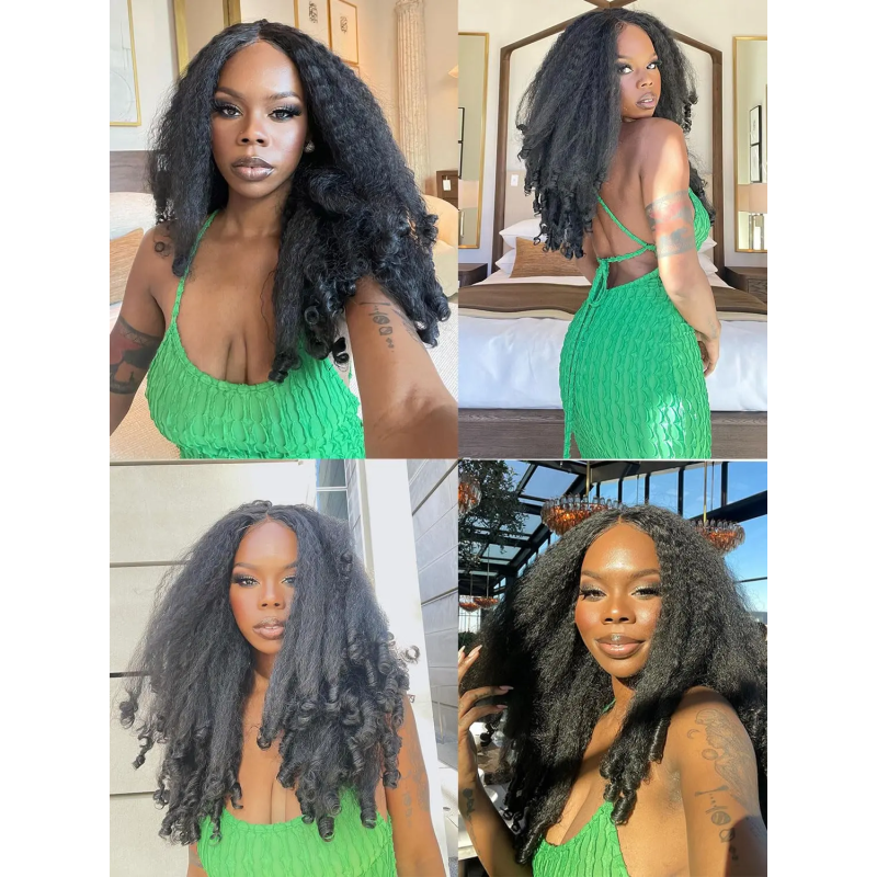 Afro Yaki Straight Lace Front Human Hair Wigs With Burmese Curly 4C Edges Baby Hair 350% Glueless 13x4 Frontal Bouncy Curls Wig