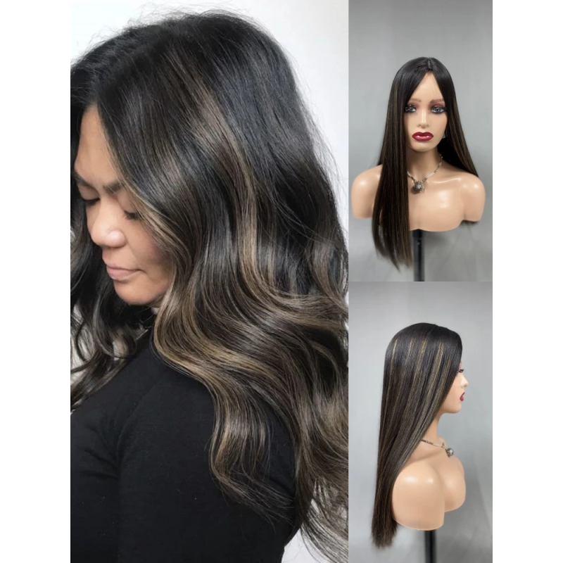 Custom Lovely natural black color hair with highlights kosher virgin human hair silk top cap long and full density jewish wig