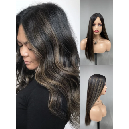 Custom Lovely natural black color hair with highlights kosher virgin human hair silk top cap long and full density jewish wig