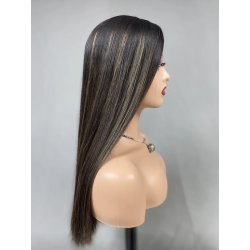 Custom Lovely natural black color hair with highlights kosher virgin human hair silk top cap long and full density jewish wig