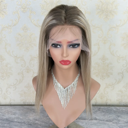 Balayage Ash Blonde Human Hair Wig 14" Straight Lace Front Wigs Glueless Premium Highlights Real Hair 13x6 HD Lace Wig Dark Root