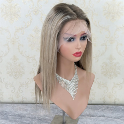 Balayage Ash Blonde Human Hair Wig 14" Straight Lace Front Wigs Glueless Premium Highlights Real Hair 13x6 HD Lace Wig Dark Root