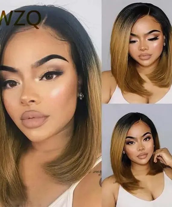 13x4 Lace Front Wig Human Hair Ombre Honey Blonde 100% Human Hair Highlight 1B 27 Colored Short Bob Wigs Straight Human Hair Wig
