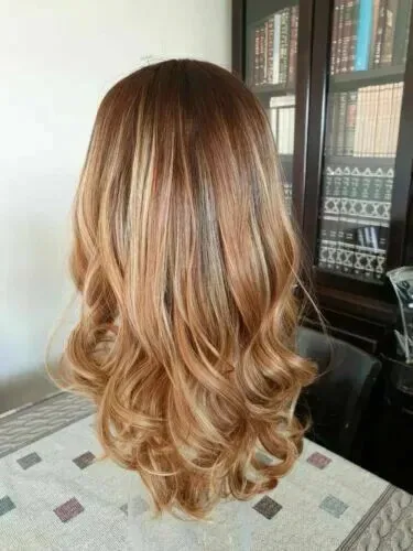 Real hair! New Beautiful Women's Brown Mix Blonde Wavy Human Hair Wigs 24In