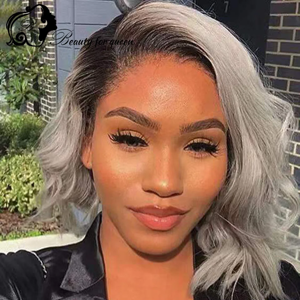 Short Bob Wig 1B Grey Colored 13x4 Lace Front Human Hair Wigs 180% Density Brazilian Remy Wave Lace Frontal Wig Pre Plucked HD