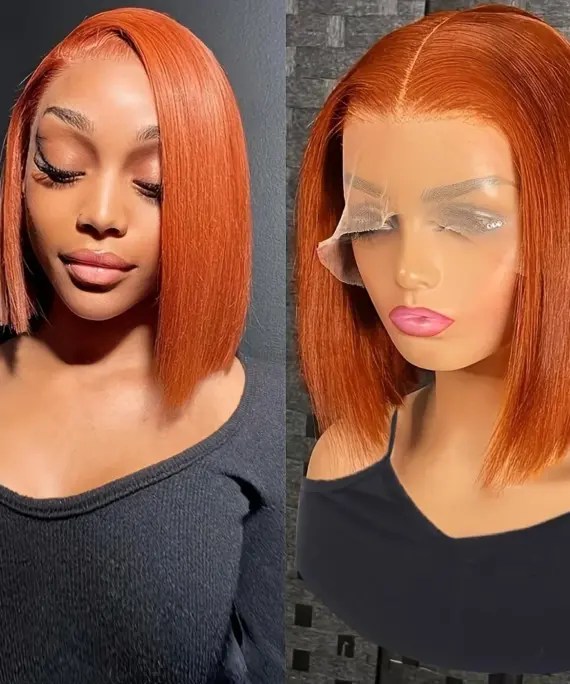 For Black Woman 180% Lace Front Short Bob Wig Brazilian Orange Ginger 13X4 Straight Transparent Lace Frontal Wigs Human Hair